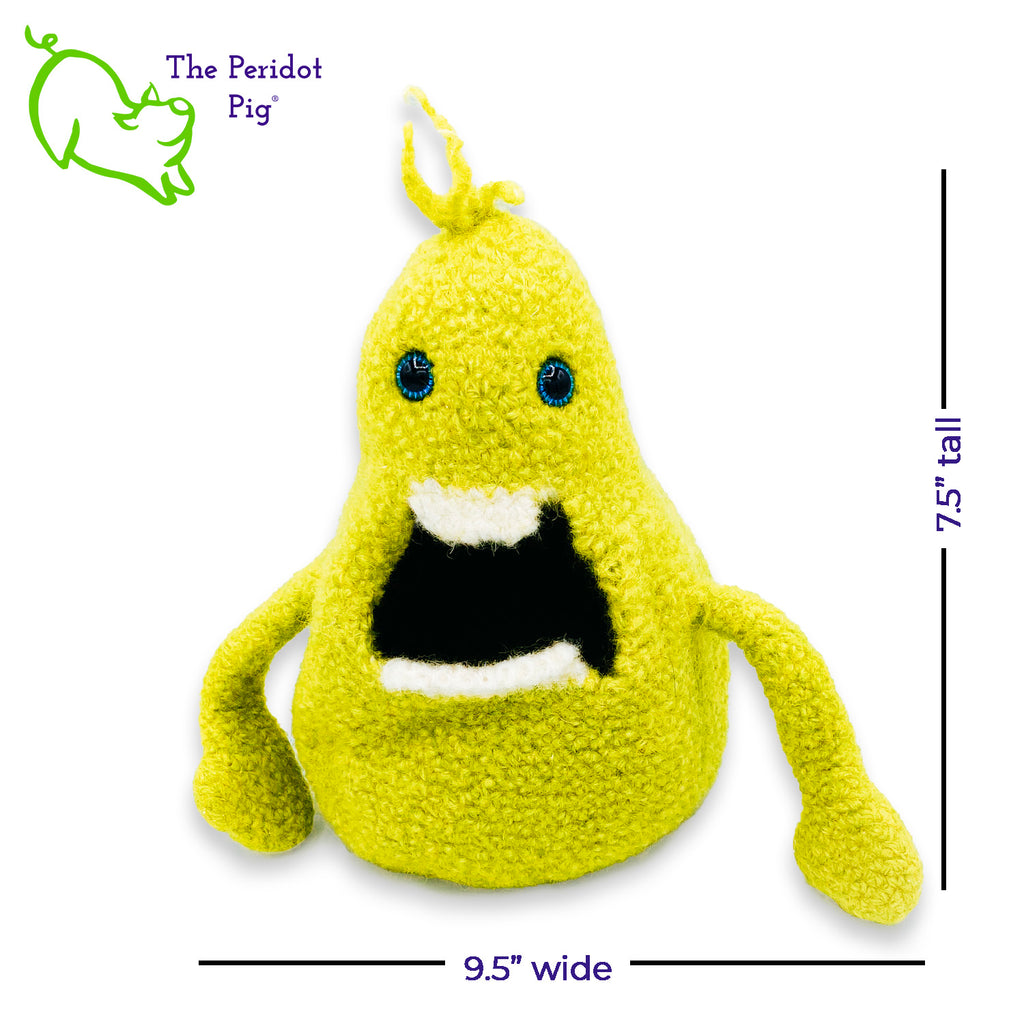 Gary has a big mouth! He's not loud though...he just likes to cram stuff in his big mouth. He prefers candy but you could easily fill him with anything.  His dream is to show up in a kid's Easter basket one day. Definitely needs to be a special kid that appreciates little monsters like Gary. He's made of 100% wool that has been felted down to create his hollow body. His arms are floppy and he has a little tuft of his pear green hair on top.  His eyes are a bright blue. Front view shown with dimensions.