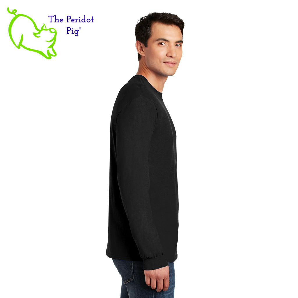 Shhh....we won't tell your mother-in-law what it means. Enjoy this fun shirt and see if they finally ask. Printed in bright color on a heavy cotton, long sleeve t-shirt, it's perfect for the winter holidays! The front has a stylized sweater print with reindeer and the words, "Jolly AF". The back is undecorated. Side view shown in black.