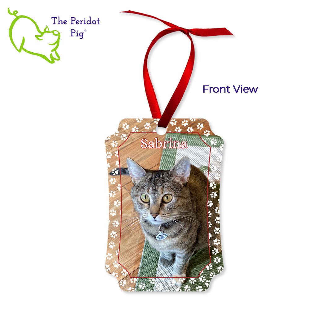 Create a beautiful keepsake ornament for the holidays! These aluminum ornaments can be printed in vivid color with the photo or artwork of your own choice. Both sides can be customized. The ornament is light weight for hanging on the tree and comes with a ribbon hanger. We've shown them here with the year on the back with a fun Christmas candy stripe pattern. On the front, choose from 5 different border styles. This style is best with a vertical picture. Shown front view with the cat paws border.