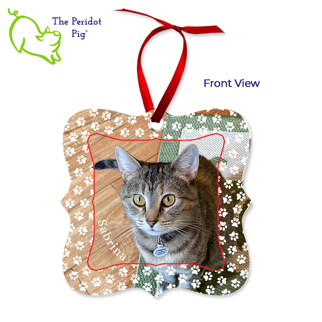 These aluminum ornaments can be printed in vivid color with the photo or artwork of your own choice. Both sides can be customized. The ornament is light weight for hanging on the tree and comes with a ribbon hanger. We've shown them here with the year on the back with a fun Christmas candy stripe pattern. On the front, choose from 5 different border styles. This style is best with a square picture. Front view shown with cat paws border.