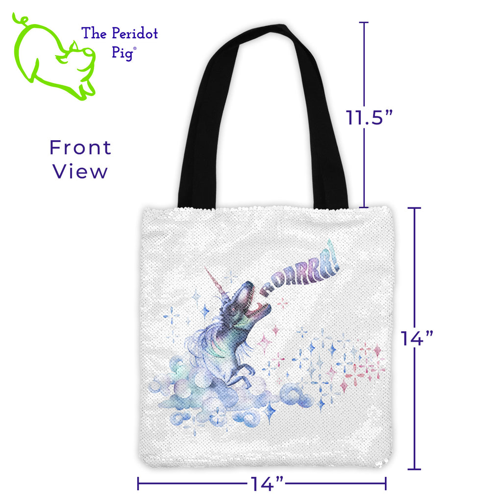 The DinoCorns are back just in time for Spring! We all need to add a bit of fun bling! This fun tote has "flip sequins" on the front like you've seen on pillows and other accessories. Flip them one way and it's a bright silver. Flip them the other way, the sequins are white with our fun DinoCorn prints.   Option A-Single has one DinoCorn with a "ROARR!!". Option B-Double has two DinoCorns depicted back-to-back with magical crystals. Option A show front with dimensions.