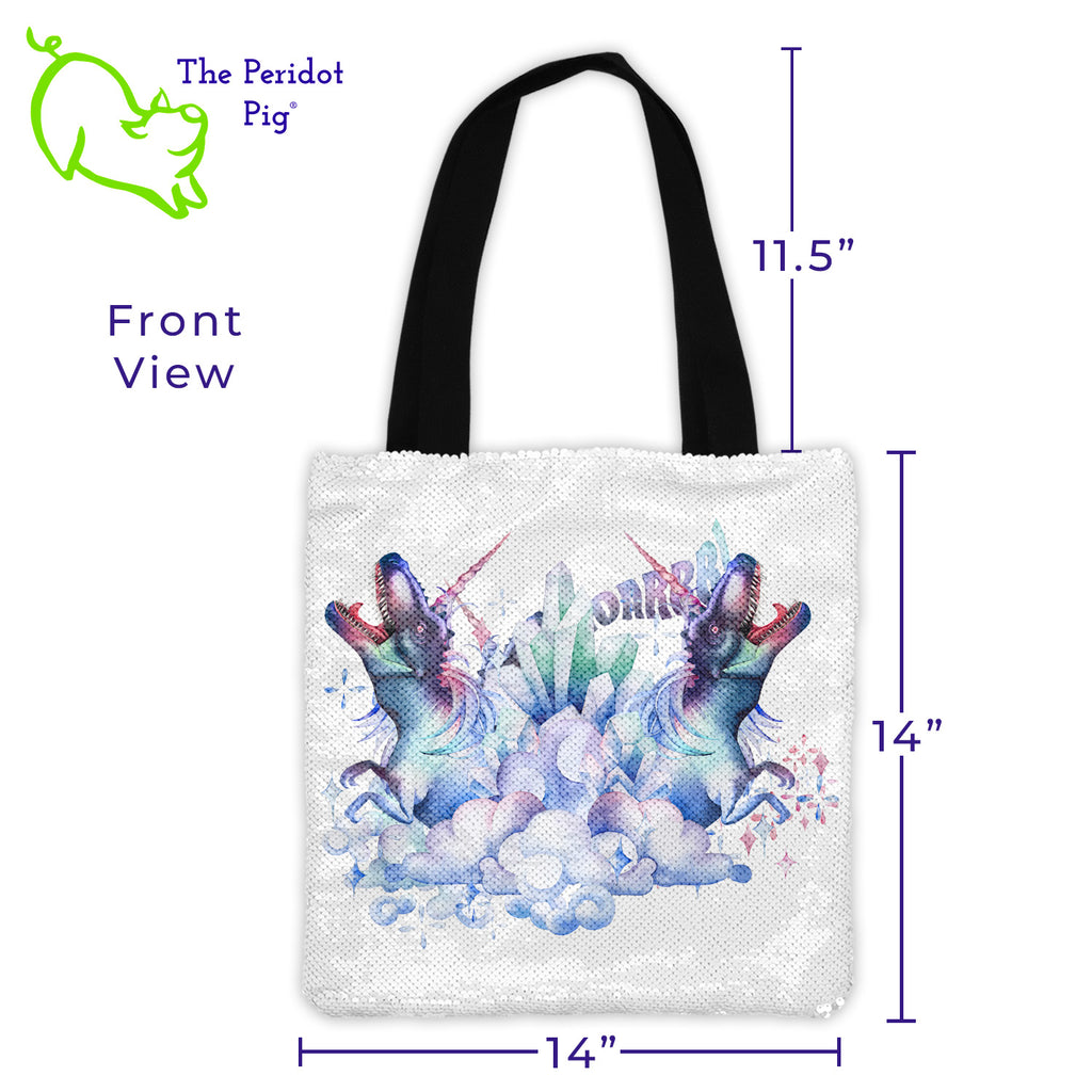 The DinoCorns are back just in time for Spring! We all need to add a bit of fun bling! This fun tote has "flip sequins" on the front like you've seen on pillows and other accessories. Flip them one way and it's a bright silver. Flip them the other way, the sequins are white with our fun DinoCorn prints.   Option A-Single has one DinoCorn with a "ROARR!!". Option B-Double has two DinoCorns depicted back-to-back with magical crystals. Option B shown - front view with dimensions.