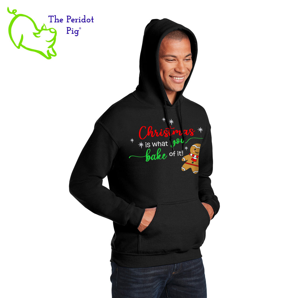 Looking for a special gift for the baker in your life? Here's a fun Christmas treat for them! The front says, "Christmas is what you bake of it" in bright festive colors. There are sparkly silver stars and a cute ginger bread man. The back is undecorated. Front 3Q view shown.