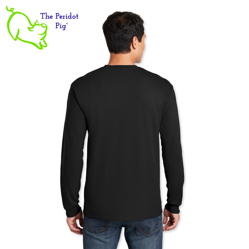 Shhh....we won't tell your mother-in-law what it means. Enjoy this fun shirt and see if they finally ask. Printed in bright color on a heavy cotton, long sleeve t-shirt, it's perfect for the winter holidays! The front has a stylized sweater print with reindeer and the words, "Jolly AF". The back is undecorated. Back view shown in black.