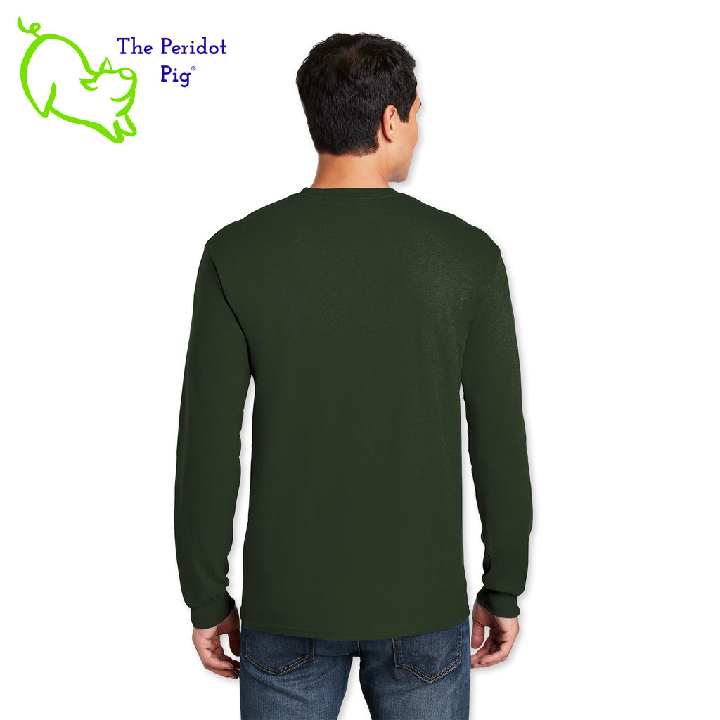 Shhh....we won't tell your mother-in-law what it means. Enjoy this fun shirt and see if they finally ask. Printed in bright color on a heavy cotton, long sleeve t-shirt, it's perfect for the winter holidays! The front has a stylized sweater print with reindeer and the words, "Jolly AF". The back is undecorated. Back view shown in green.