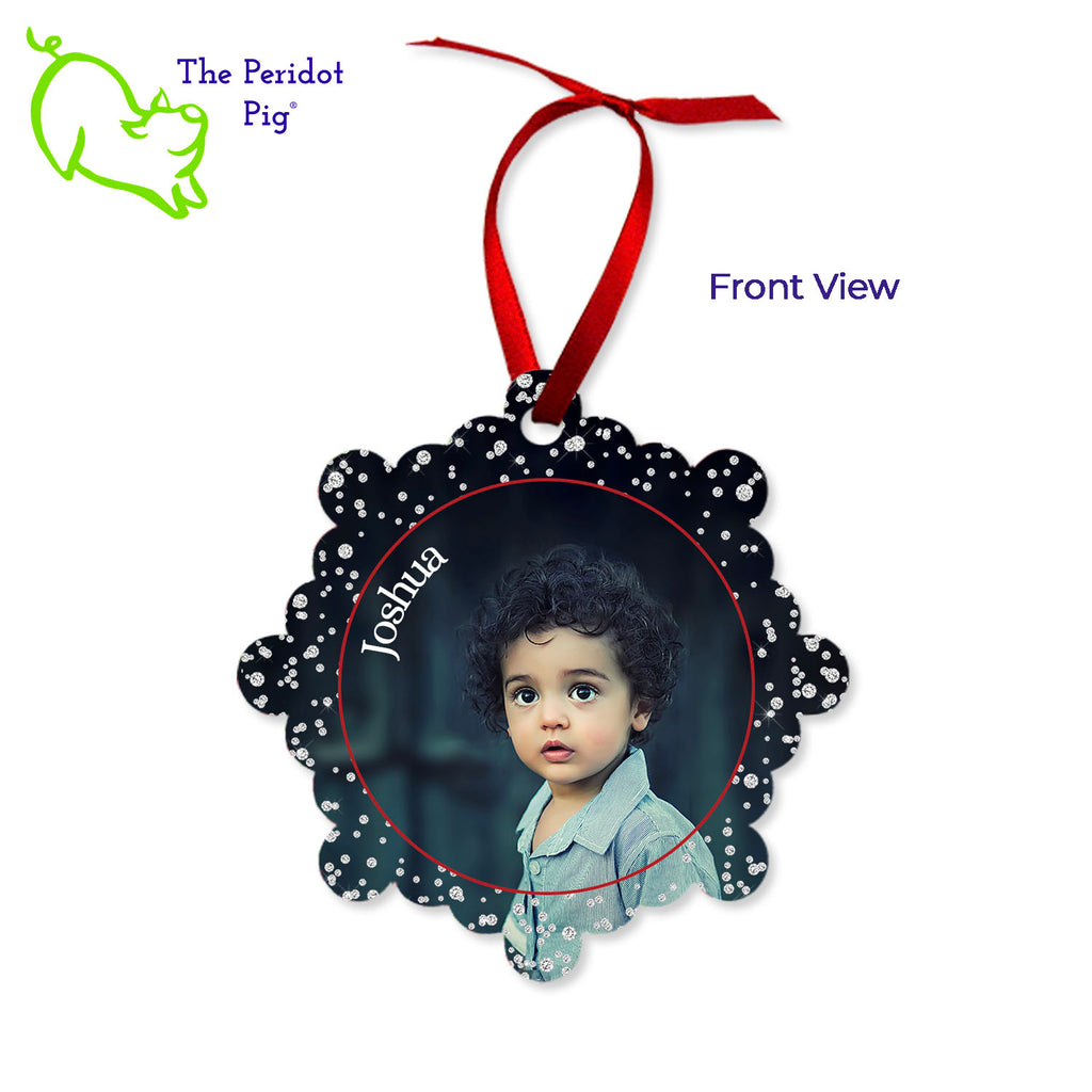 Create a beautiful keepsake ornament for the holidays! These aluminum ornaments can be printed in vivid color with the photo or artwork of your own choice. Both sides can be customized. The ornament is light weight for hanging on the tree and comes with a ribbon hanger. We've shown them here with the year on the back with a fun Christmas candy stripe pattern. On the front, choose from 5 different border styles. Shown front view with diamond border.