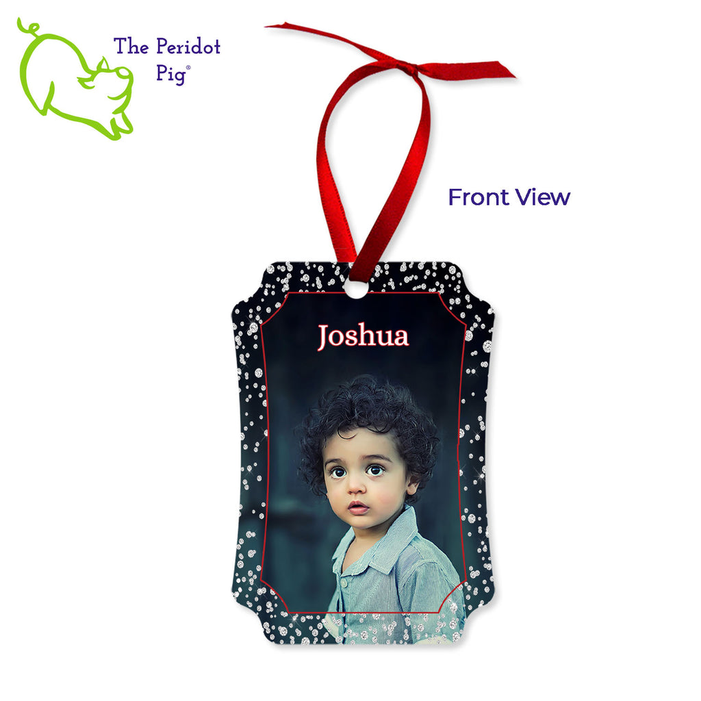 Create a beautiful keepsake ornament for the holidays! These aluminum ornaments can be printed in vivid color with the photo or artwork of your own choice. Both sides can be customized. The ornament is light weight for hanging on the tree and comes with a ribbon hanger. We've shown them here with the year on the back with a fun Christmas candy stripe pattern. On the front, choose from 5 different border styles. This style is best with a vertical picture. Shown front view with the diamondsborder.