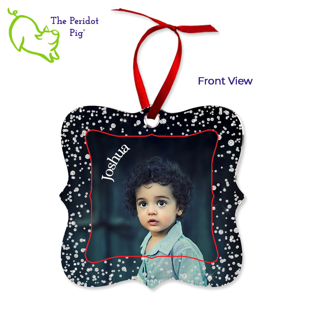 These aluminum ornaments can be printed in vivid color with the photo or artwork of your own choice. Both sides can be customized. The ornament is light weight for hanging on the tree and comes with a ribbon hanger. We've shown them here with the year on the back with a fun Christmas candy stripe pattern. On the front, choose from 5 different border styles. This style is best with a square picture. Front view shown with diamonds border.