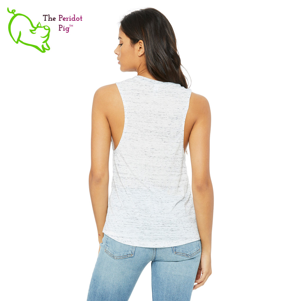 This comfortable muscle tank is soft and flowy with low cut armholes for a relaxed look. The shirt features Kristin Zako's logo on the front in bright blue and purple colors. The back is blank. The print is a translucent, faded "vintage" look due to the blend of the fabric. Back view in White Marble.