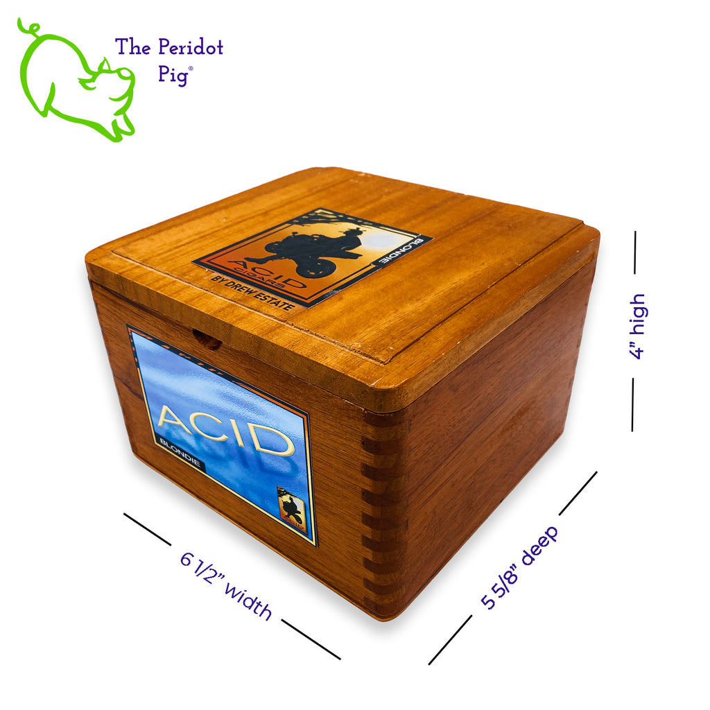 Do you have cigar smoking, card playing, shot drinking kind of friend?? Here's the perfect gift for them! We've taken a gently used cigar box and added a holder for 4 frosted glass shot glasses. We've then printed a spade, club, diamond and heart on the front of each shot glass. Closed box view shown with dimensions.