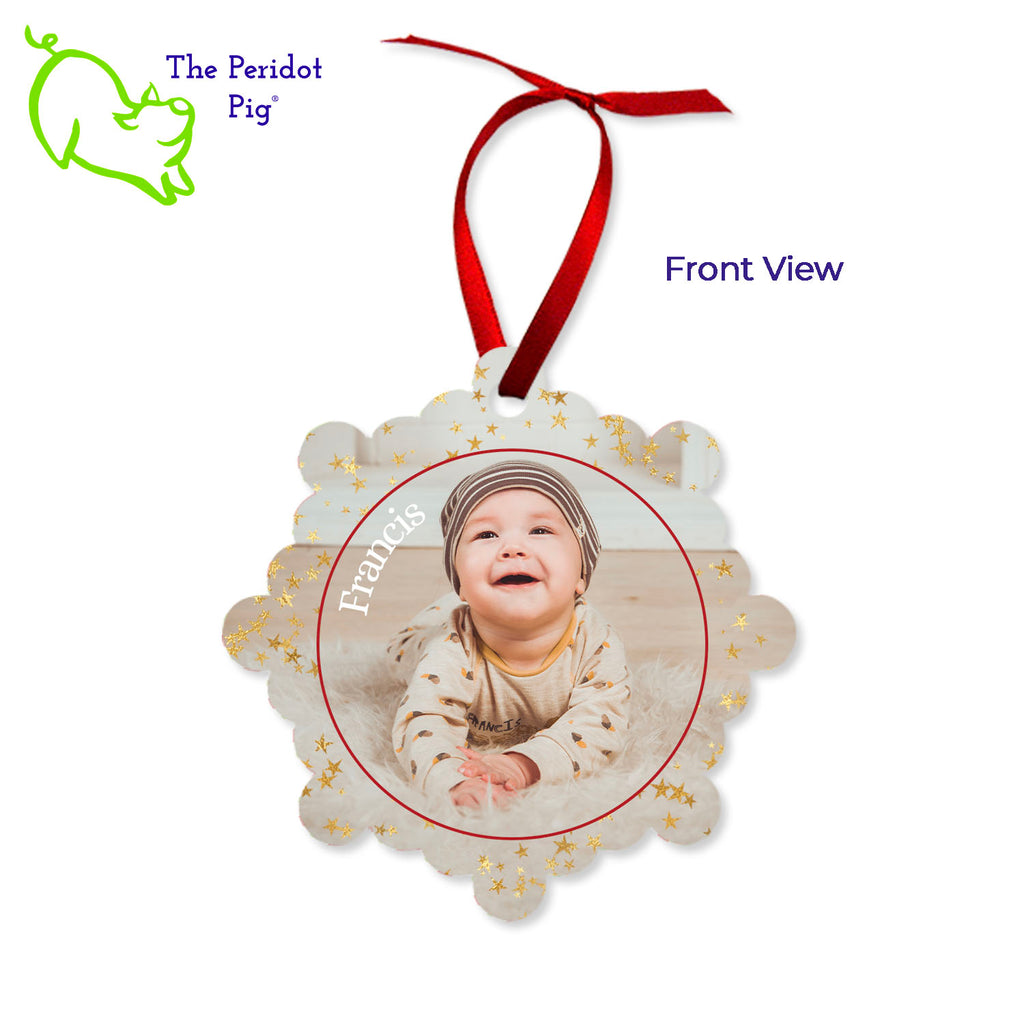 Create a beautiful keepsake ornament for the holidays! These aluminum ornaments can be printed in vivid color with the photo or artwork of your own choice. Both sides can be customized. The ornament is light weight for hanging on the tree and comes with a ribbon hanger. We've shown them here with the year on the back with a fun Christmas candy stripe pattern. On the front, choose from 5 different border styles. Shown front view with stars border.