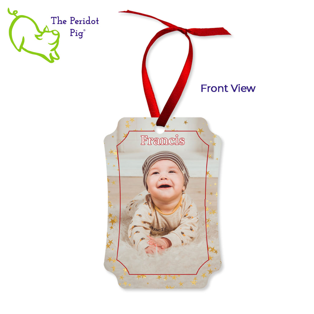 Create a beautiful keepsake ornament for the holidays! These aluminum ornaments can be printed in vivid color with the photo or artwork of your own choice. Both sides can be customized. The ornament is light weight for hanging on the tree and comes with a ribbon hanger. We've shown them here with the year on the back with a fun Christmas candy stripe pattern. On the front, choose from 5 different border styles. This style is best with a vertical picture. Shown front view with the stars border.