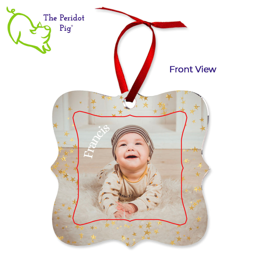 These aluminum ornaments can be printed in vivid color with the photo or artwork of your own choice. Both sides can be customized. The ornament is light weight for hanging on the tree and comes with a ribbon hanger. We've shown them here with the year on the back with a fun Christmas candy stripe pattern. On the front, choose from 5 different border styles. This style is best with a square picture. Front view shown with stars border.