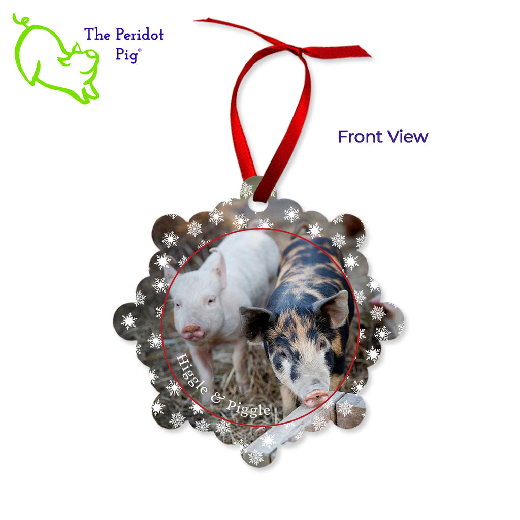 Create a beautiful keepsake ornament for the holidays! These aluminum ornaments can be printed in vivid color with the photo or artwork of your own choice. Both sides can be customized. The ornament is light weight for hanging on the tree and comes with a ribbon hanger. We've shown them here with the year on the back with a fun Christmas candy stripe pattern. On the front, choose from 5 different border styles. Shown front view with snowflakes  border.