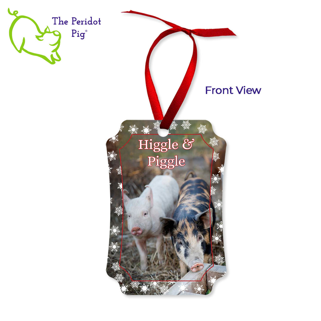 Create a beautiful keepsake ornament for the holidays! These aluminum ornaments can be printed in vivid color with the photo or artwork of your own choice. Both sides can be customized. The ornament is light weight for hanging on the tree and comes with a ribbon hanger. We've shown them here with the year on the back with a fun Christmas candy stripe pattern. On the front, choose from 5 different border styles. This style is best with a vertical picture. Shown front view with the snowflakes border.