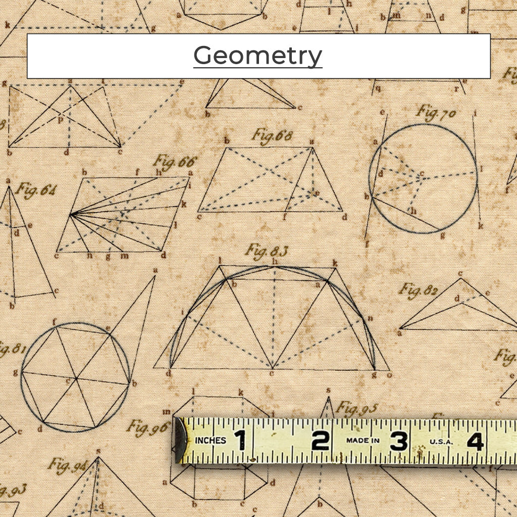These masks are an aged off-white parchment color with mathematical diagrams. Print is called Geometry