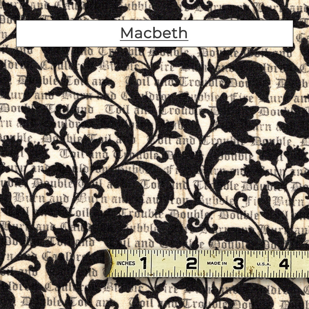 Double, double toil and trouble; Fire burn and caldron bubble. These masks called Macbeth have the famous quote overlaid with black scrolling vines.