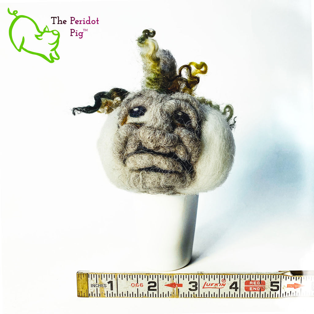 Just in time for the Halloween season, we're offering these one-of-a-kind pumpkins.  We call them PolterPumpkins due to their ghostly, grotesque inspired faces. Each one is unique and hand-made from needle felted 100% wool. The pumpkin measures about 4-5" wide and around 4-5" tall.  The body is crafted in white wool with the face in a stony gray. Multi-color locks simulate a little vine growth at the top. Front view - Fred with ruler.