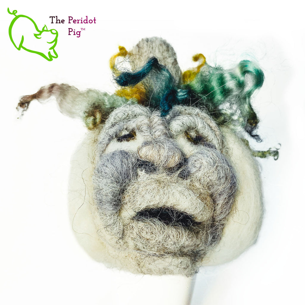 Just in time for the Halloween season, we're offering these one-of-a-kind pumpkins. We call them PolterPumpkins due to their ghostly, grotesque inspired faces. Each one is unique and hand-made from needle felted 100% wool. The pumpkin measures about 4-5" wide and around 4-5" tall. The body is crafted in white wool with the face in a stony gray. Multi-color locks simulate a little vine growth at the top. Front view - Geoff.
