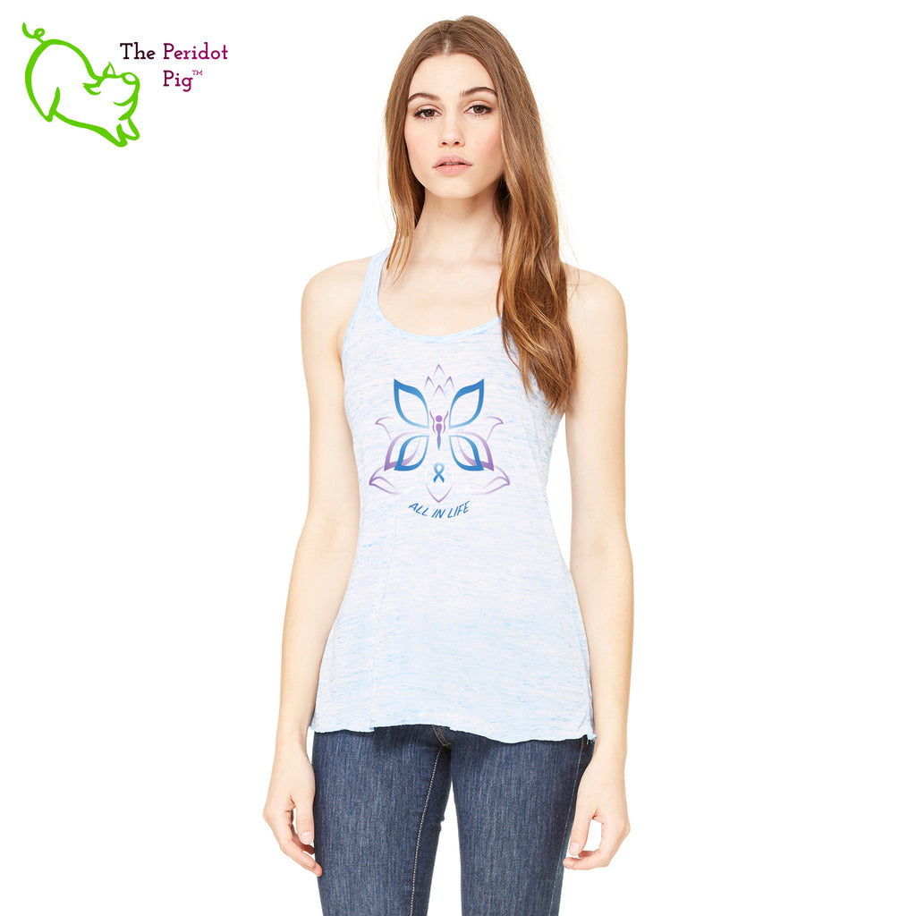 This racerback tank is super soft, lightweight, and form-fitting (but not too tight in the mid-section) with a flattering cut and raw edge seams for an edgy touch. The front features Kristin Zako's logo and the back is blank. Blue marble front view.