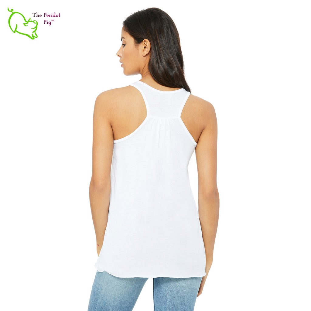 This racerback tank is super soft, lightweight, and form-fitting (but not too tight in the mid-section) with a flattering cut and raw edge seams for an edgy touch. The front features Kristin Zako's logo and the back is blank. White back view.