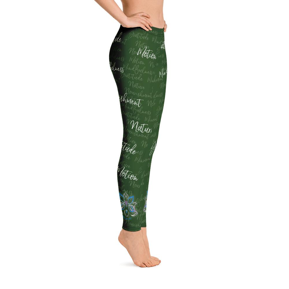 It's hard to compete with Kristin's dino leggings but these might do it! Filled with her four pillars phrases and topped off with her logo on each ankle. Shown in green, right side view.