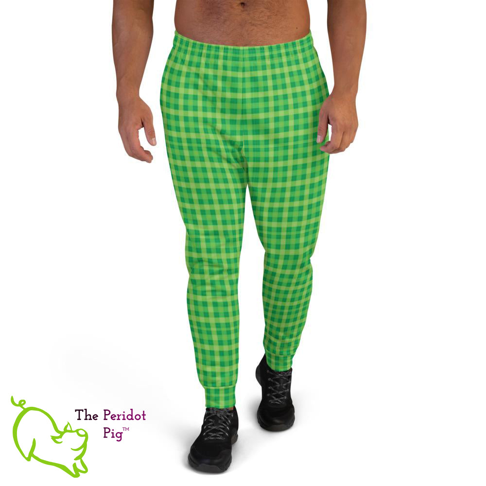 Caution - these sweats will make you stand out in a crowd! Make your workouts more memorable with these cotton blend Irish plaid joggers. Front view on a male model.
