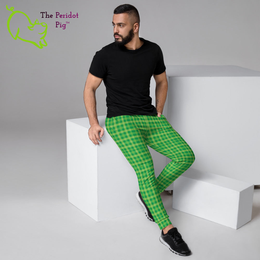 Caution - these sweats will make you stand out in a crowd! Make your workouts more memorable with these cotton blend Irish plaid joggers. Front view on a male model.