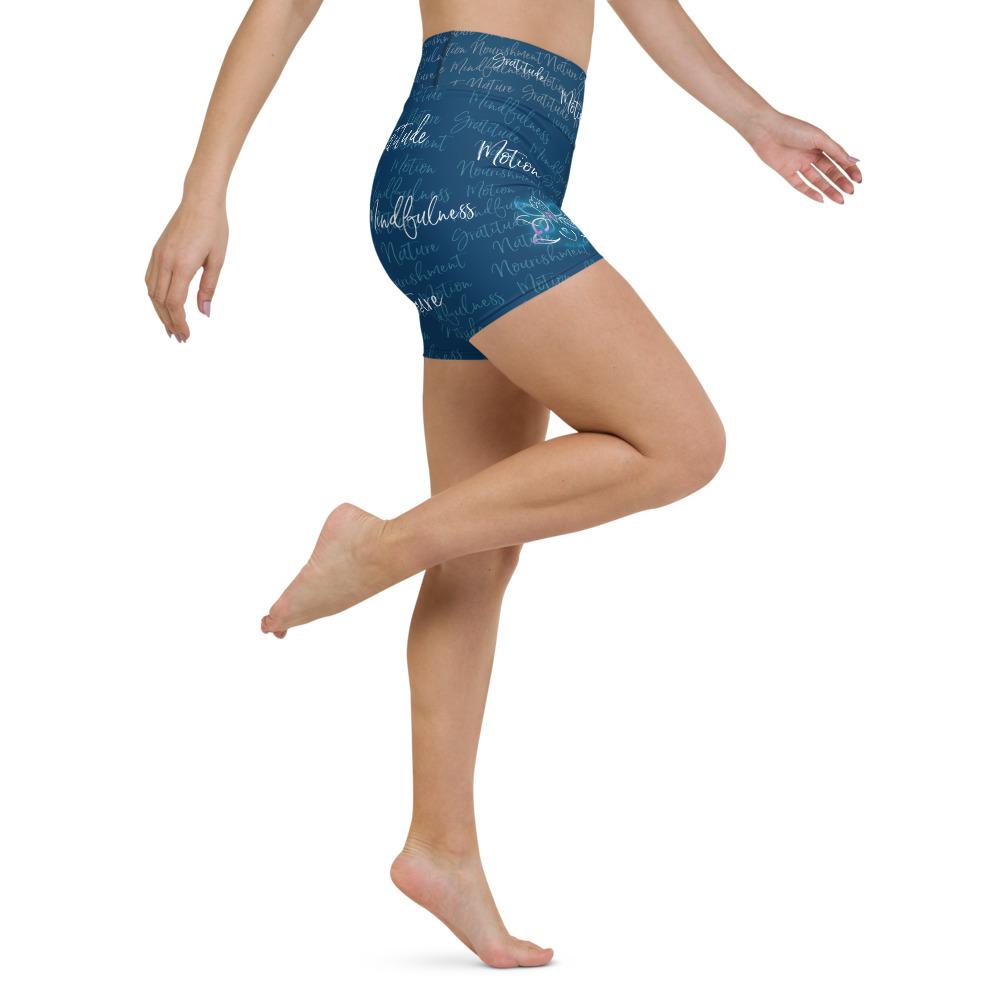 These yoga shorts have a body-flattering fit that will make you feel super comfortable even during the most intense workouts. They come with a high waistband and are made from soft microfiber yarn. The Kristin Zako print is filled with her four pillars phrases and topped off with her logo on the front right leg. Shown in green. Right view.