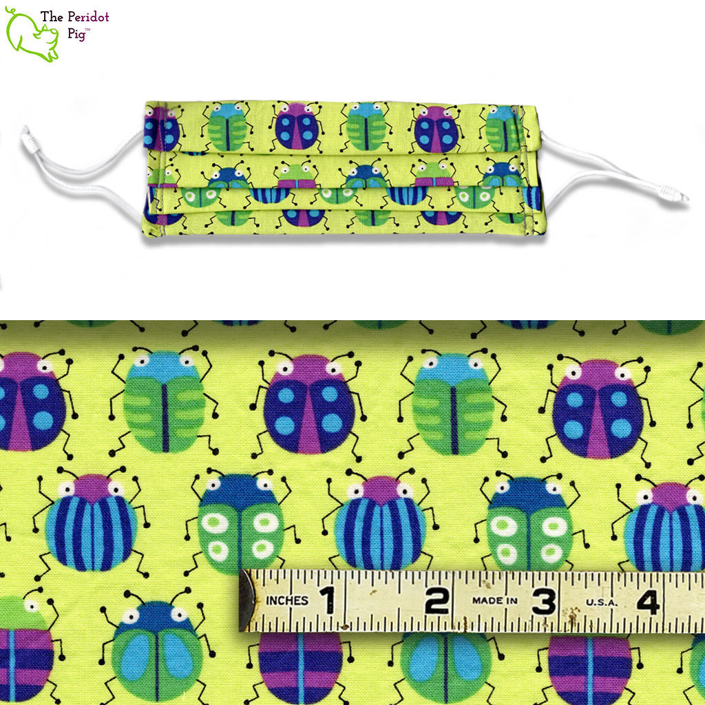 A split screen view of the Buzz Off mask and a closeup of the fabric