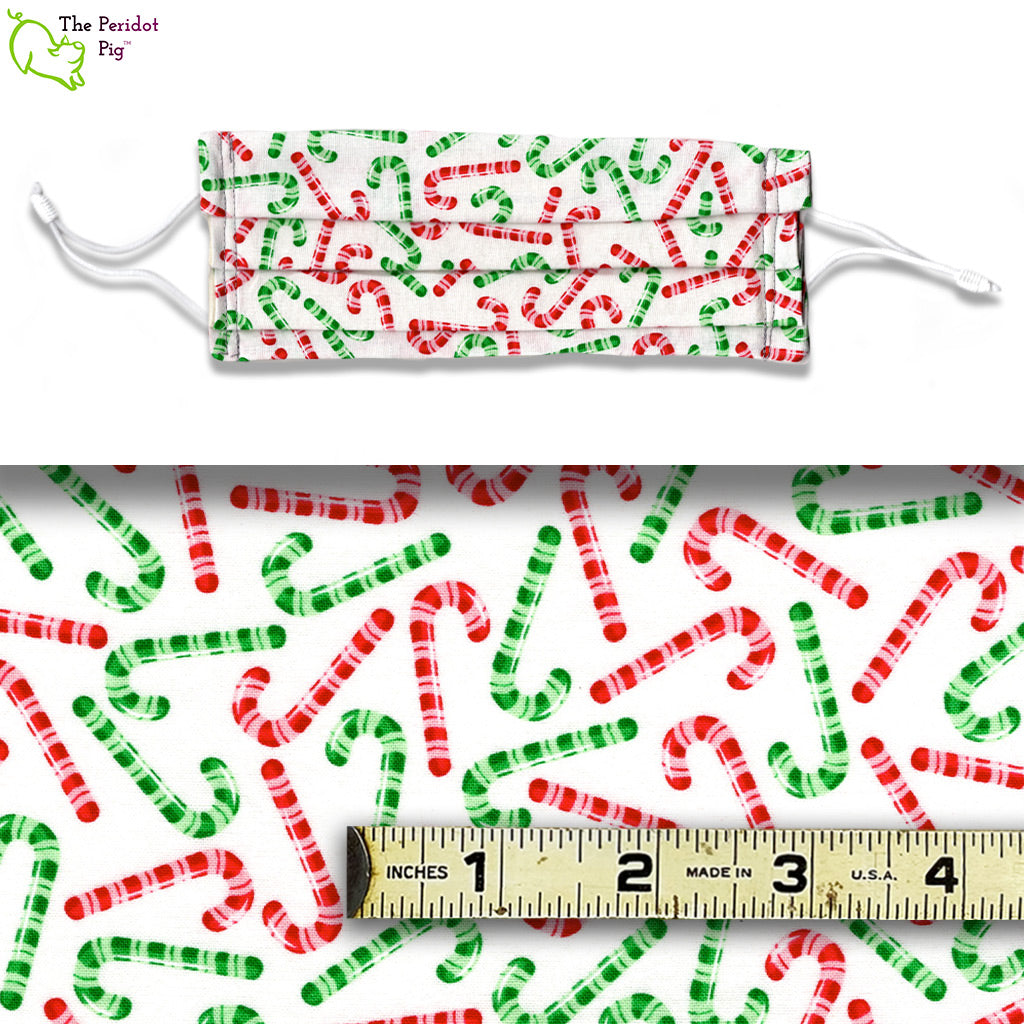 A split screen view of the Candy Canes mask and a closeup of the fabric